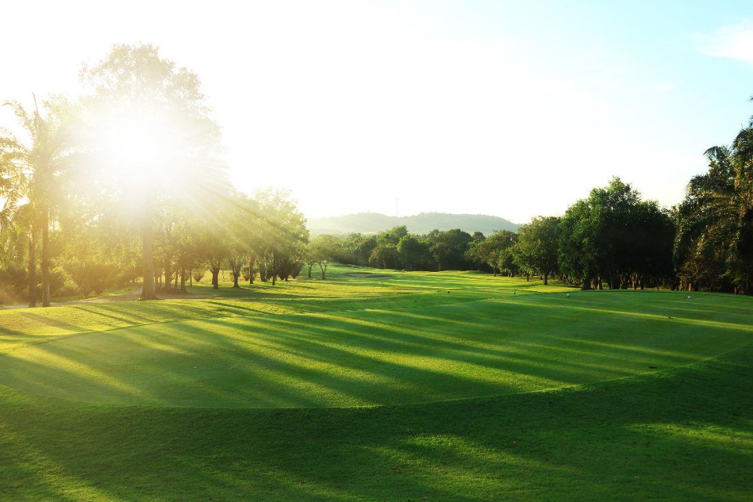 Golf course fairway at sunrise